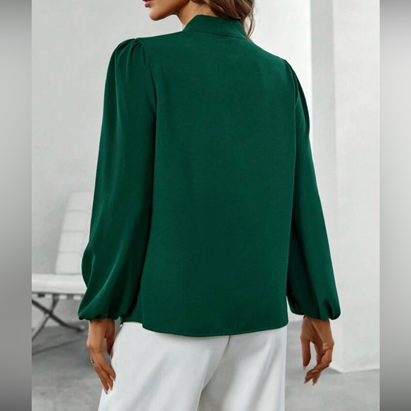 Brand New Elegant Dark Green Tie Neck Long Sleeve Draped Blouse Shirt L/XL - Picture 2 of 4